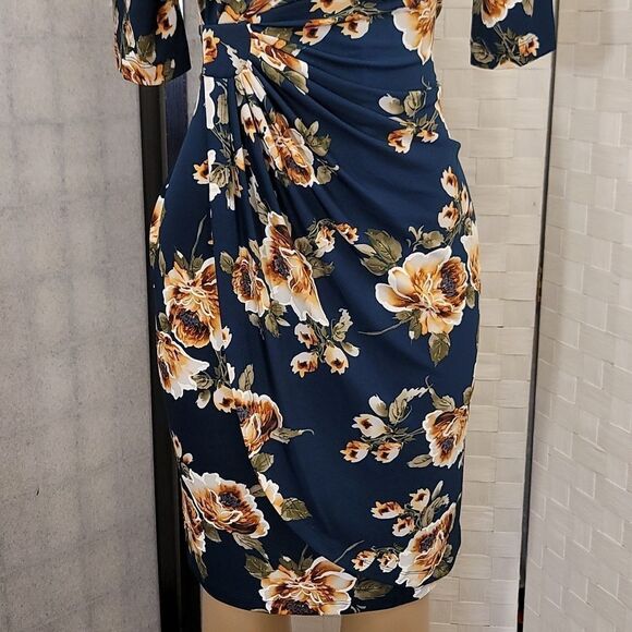 BRAND NEW CONNECTED APPAREL FLORAL COLORBLOCK RUCHED SIDE DESIGN 3/SLEEVE DRESS - Picture 10 of 15